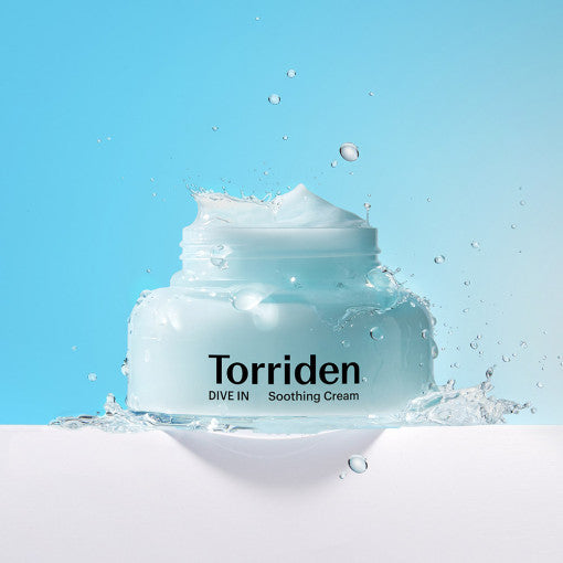 TORRIDEN Dive In Low Molecular Hyaluronic Acid Soothing Cream 100ml jar with water splash on a blue background