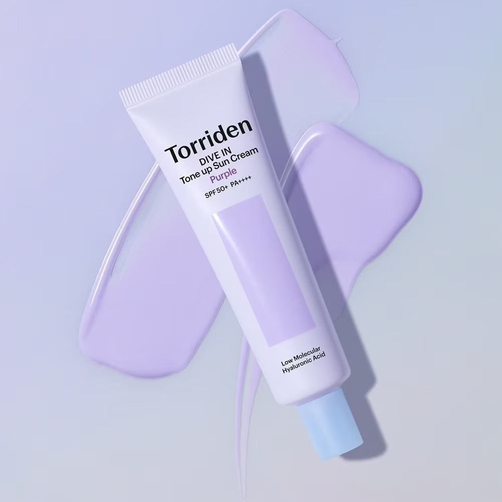 TORRIDEN Dive In Tone Up Sun Cream Purple 50+PA++++ 60ml packaging with purple cream swatch