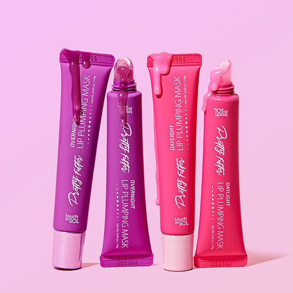 TOUCH IN SOL Pretty FIlter Lip Plumping Mask tubes on a pink background