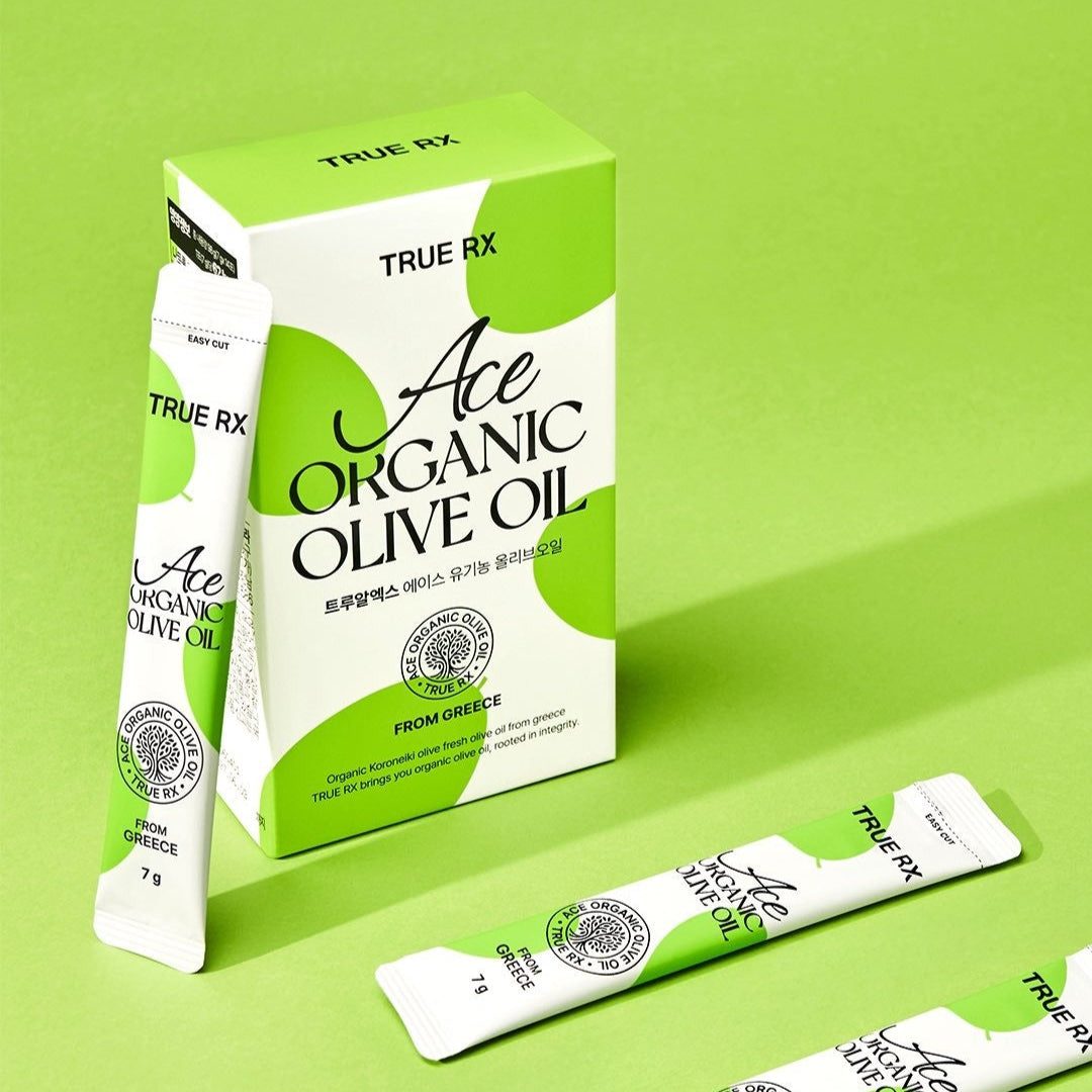 TRUE RX Ace Organic Live Oil packaging with individual sachets, displayed on a green background.
