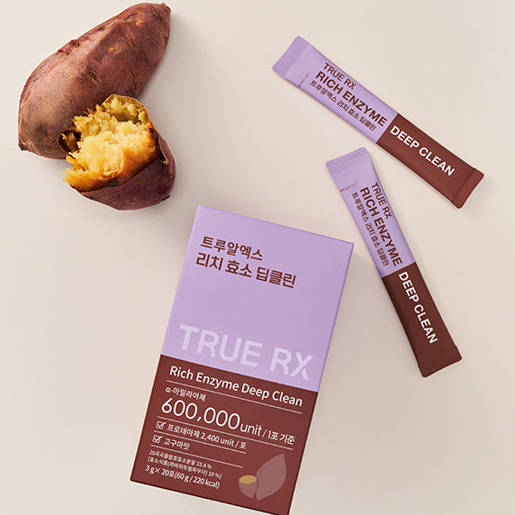 TRUE RX Rich Enzyme Deep Clean 20 Packs 1 Box with sachets displayed alongside a sweet potato.
