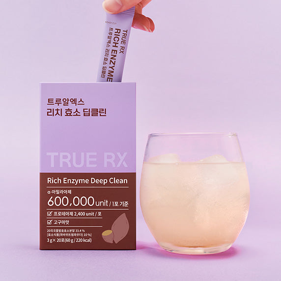 TRUE RX Rich Enzyme Deep Clean 20 Packs 1 Box displayed with glass of liquid.