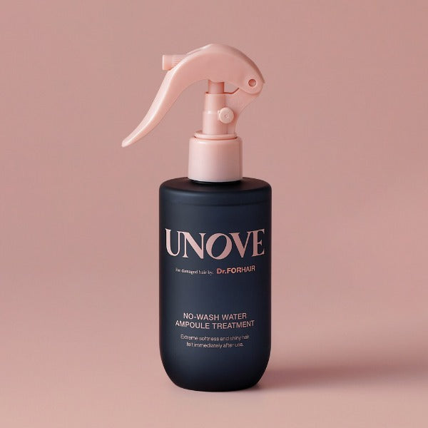 UNOVE No-Wash Water Ampoule Treatment 200ml bottle against pink background.
