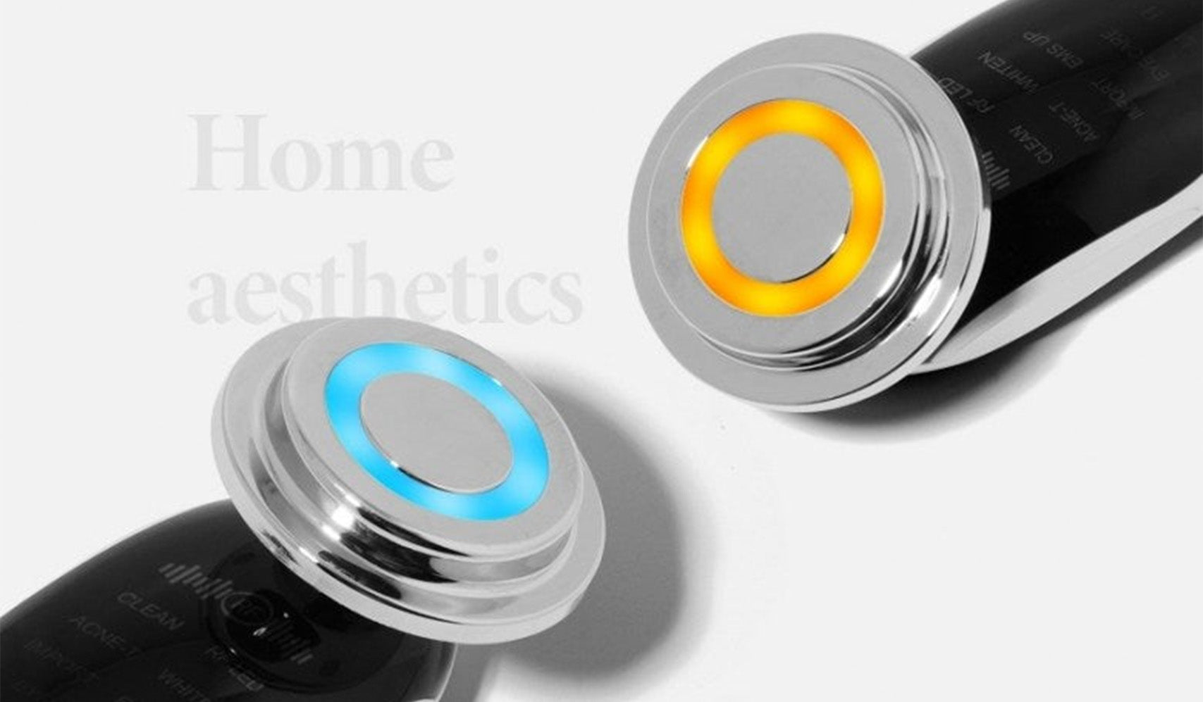 LED skincare device with glowing blue and orange rings, promoting home aesthetics for facial treatment.