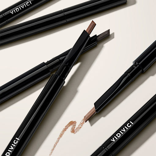 VIDIVICI Perfect Eyebrow pencils with shades and swatches on a light background.