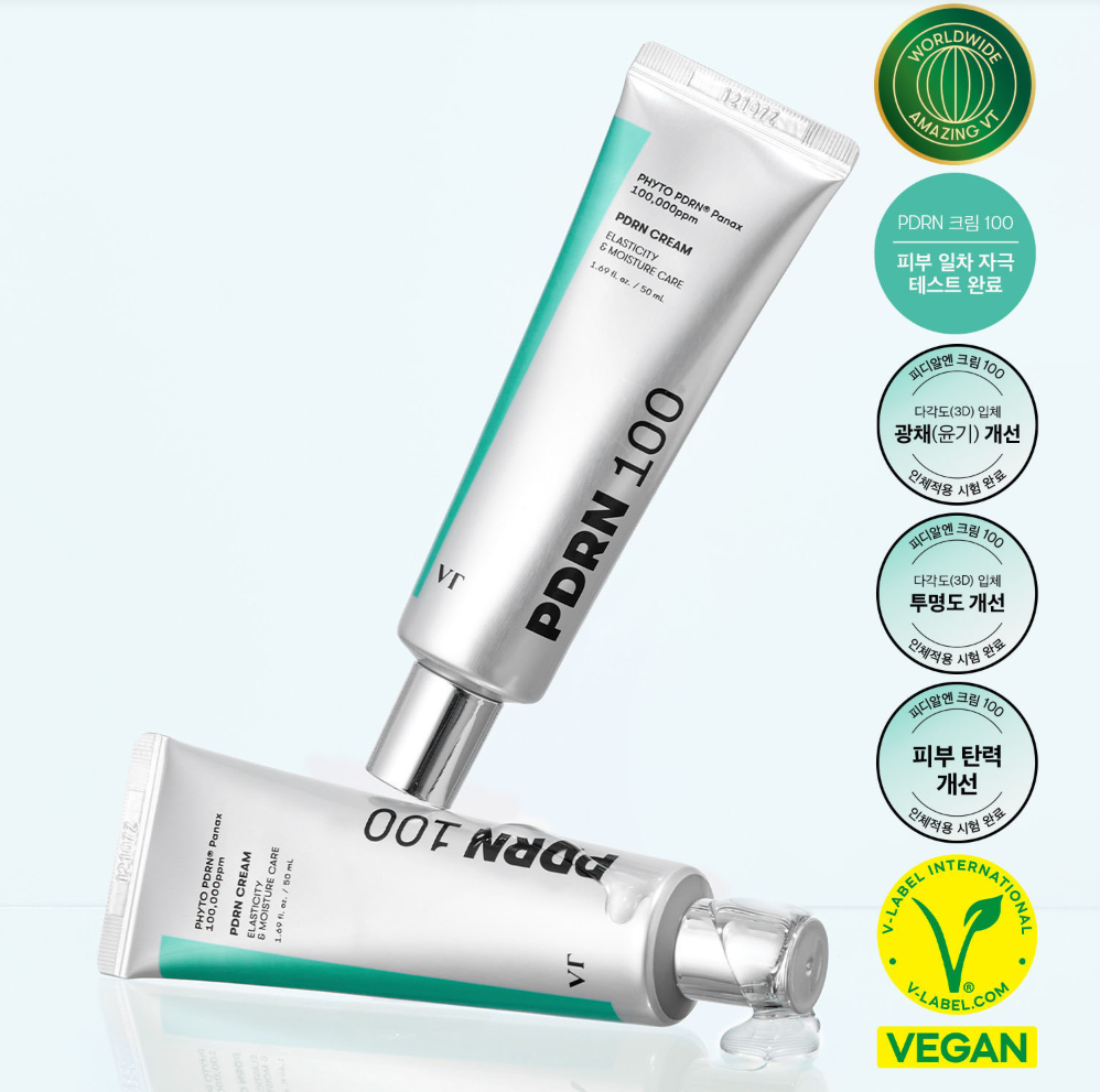 VT COSMETIC PDRN Cream 100 50ml tubes with vegan label and quality certifications
