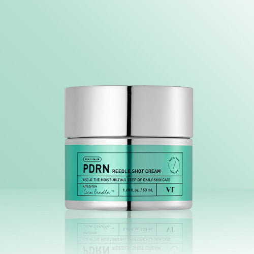 VT COSMETIC PDRN Riddle Shot Cream 50ml in green jar with silver lid on a light green background