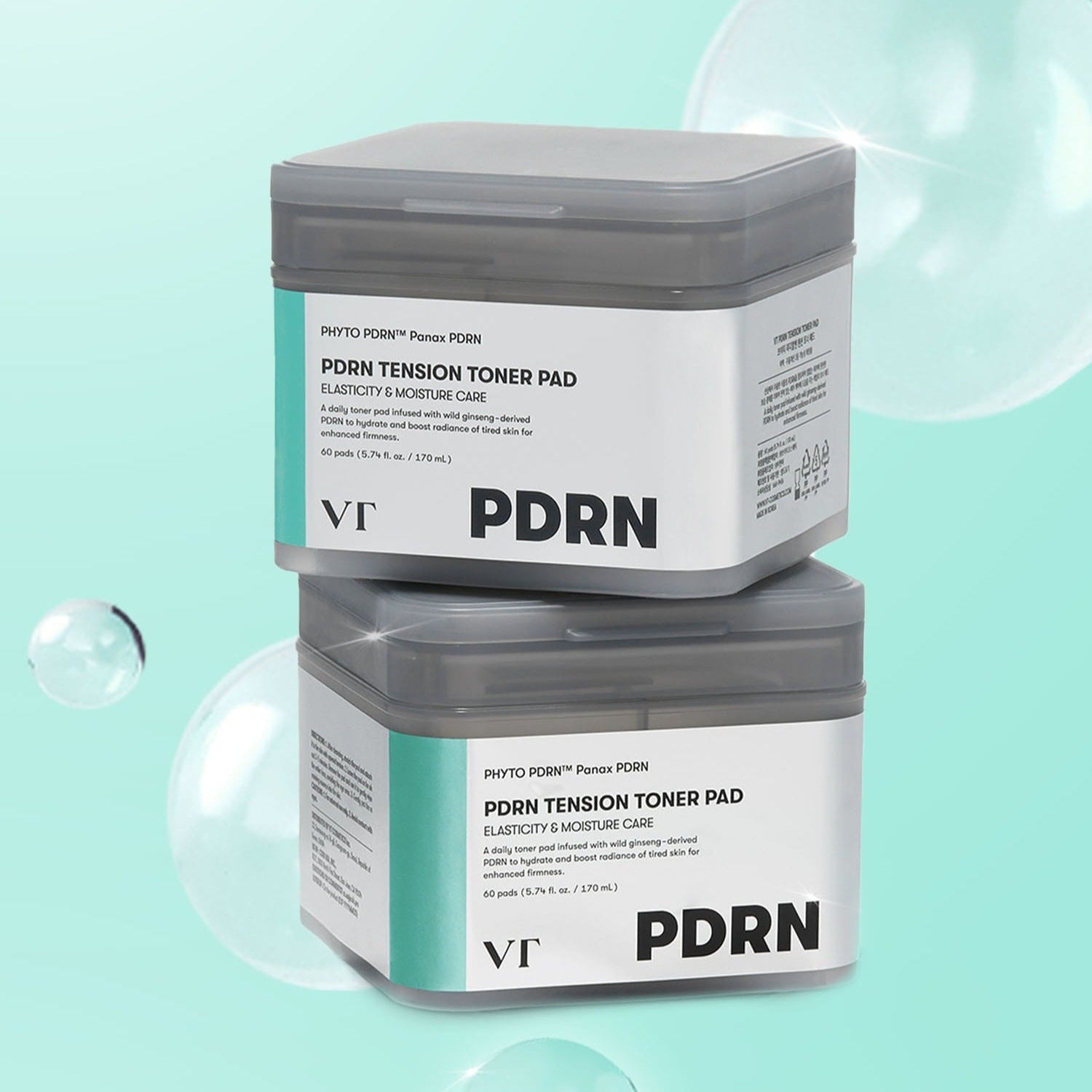VT COSMETIC PDRN Tension Toner Pads 60 Sheets featuring stack of two containers with product branding on a light blue background.