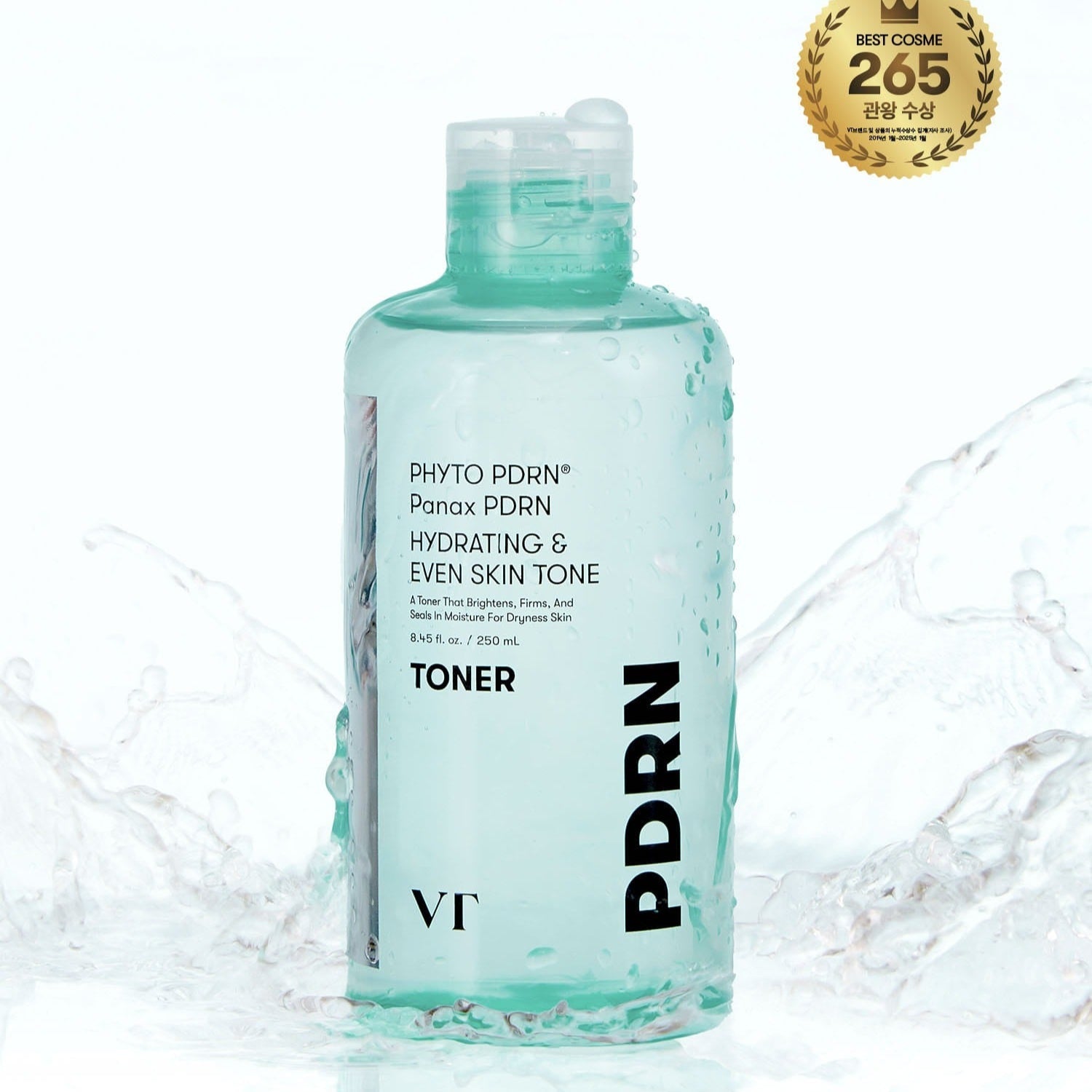 VT COSMETIC PDRN Toner 250ml bottle with hydrating and even skin tone properties, featuring award seal on top right corner