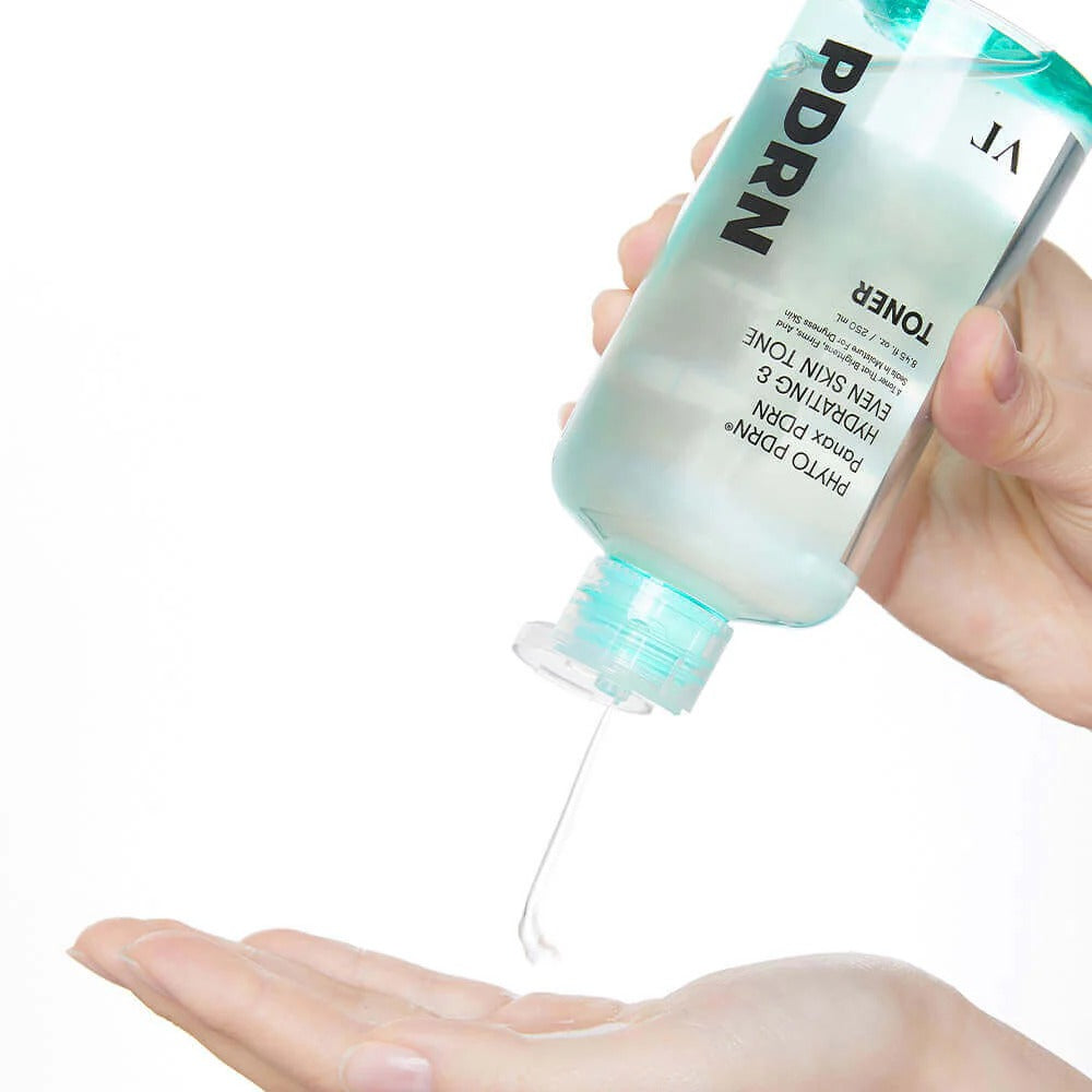 VT COSMETIC PDRN Toner 250ml being poured into hand for skincare routine.