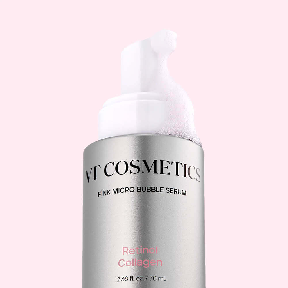 VT COSMETIC Retinol Collagen Pink Microbubble Serum 70ml bottle with foam detail