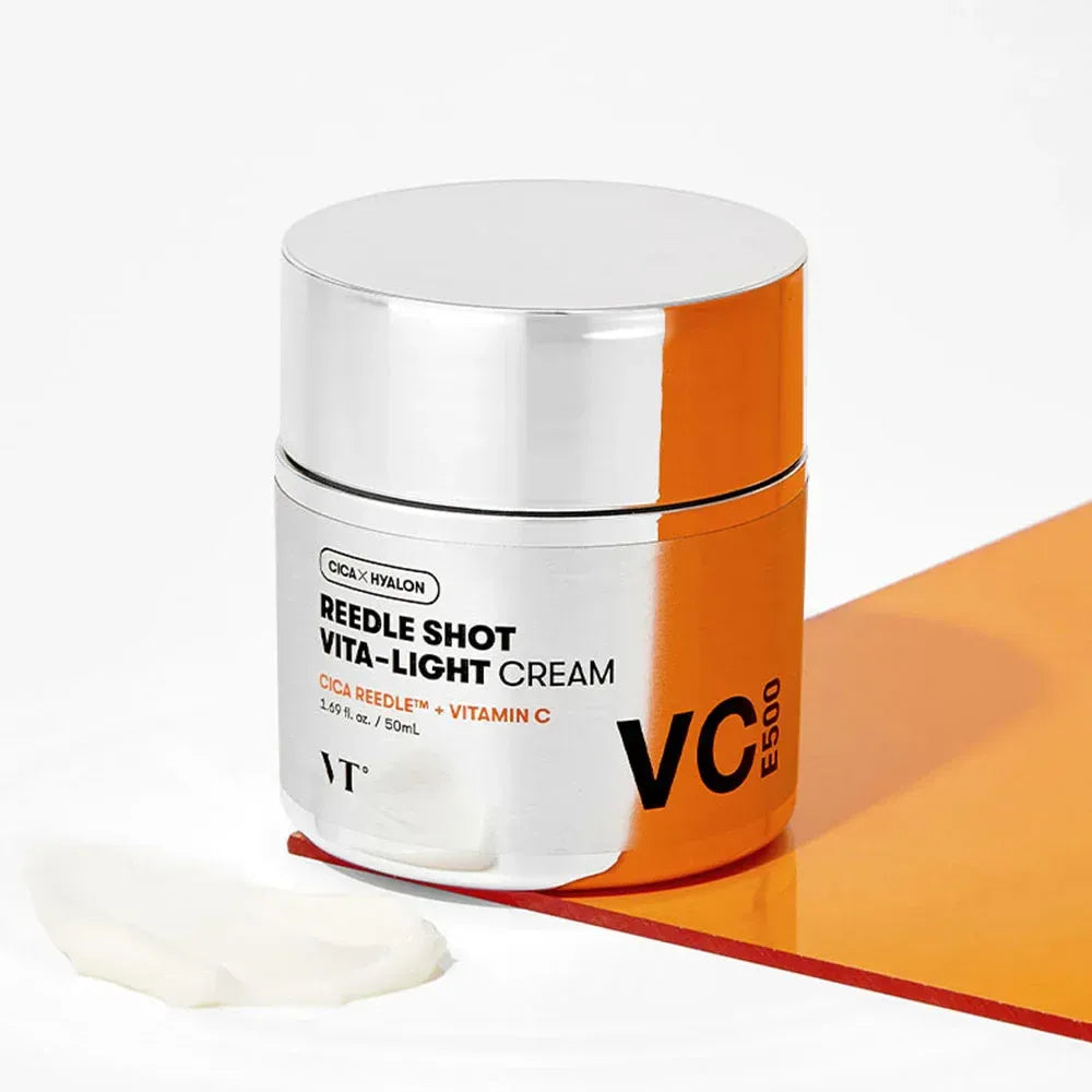 VT COSMETIC Riddle Shot Vita-Light Cream 50ml jar with cream sample on a white surface