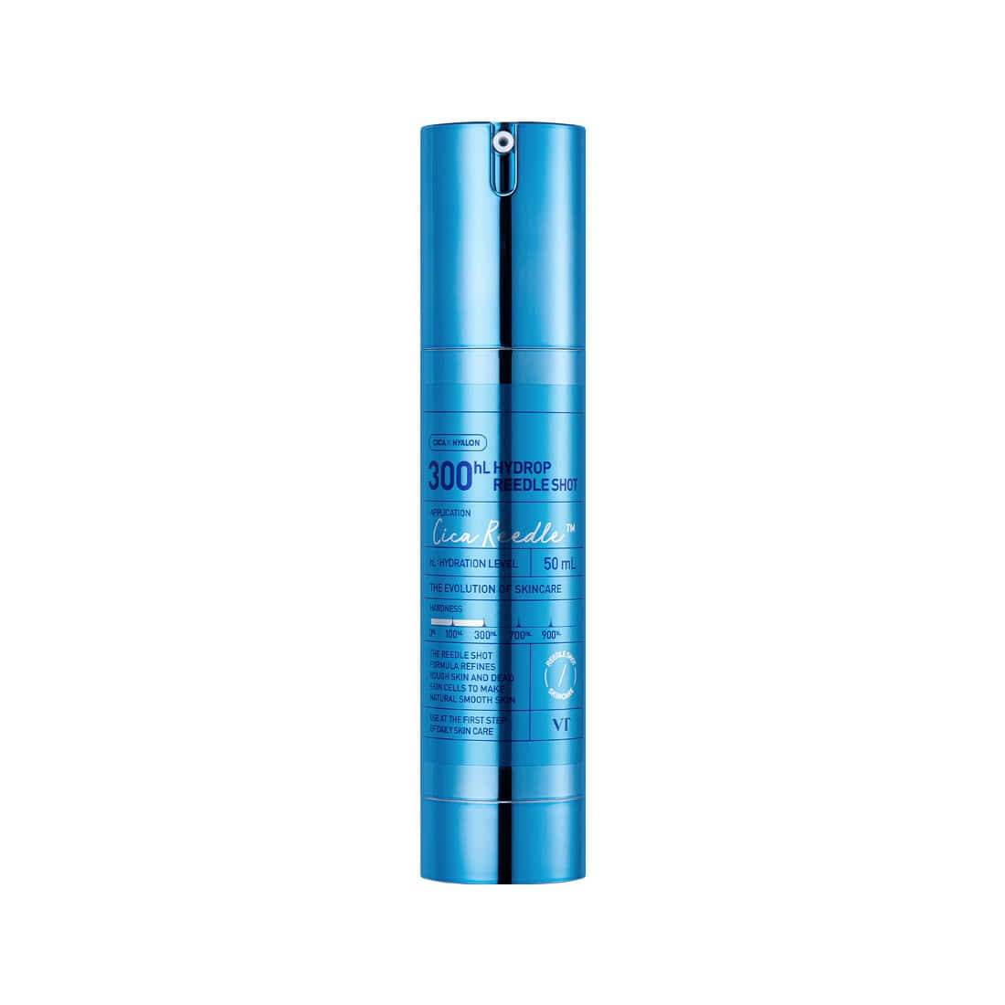 VT COSMETICS Hydrop Reedle ShotÂ® in a sleek blue bottle packaging, designed for skincare use.