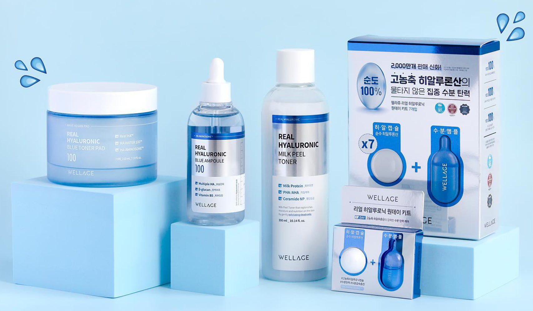 Hylauronic skincare product set including toner, serum, and cream, displayed on blue blocks with packaging boxes.