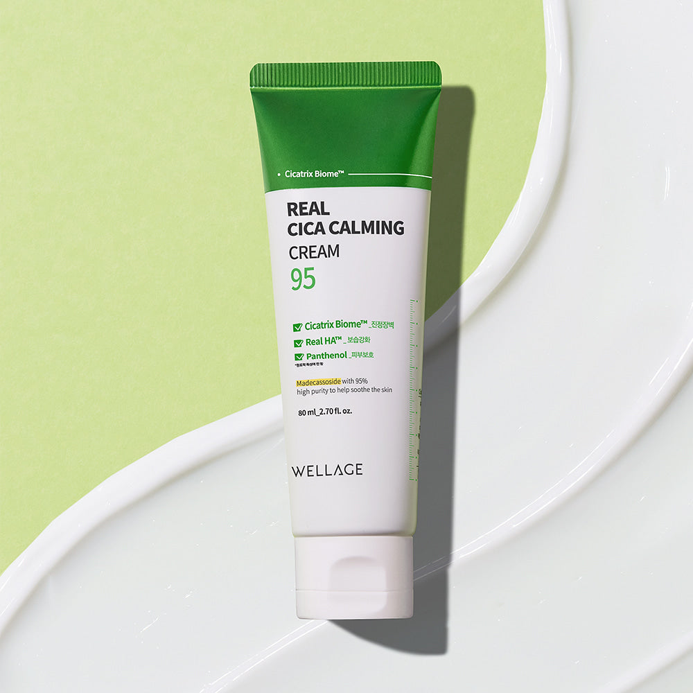 WELLAGE Real Cica Calming 95 Cream 80ml tube on a white and green background.