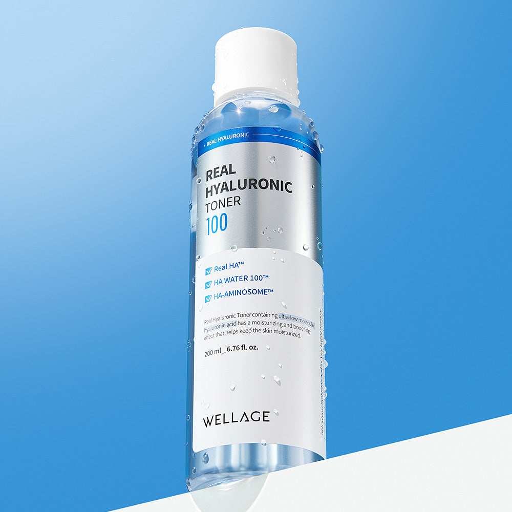 WELLAGE Real Hyaluronic 100 Toner 200ml bottle on blue background