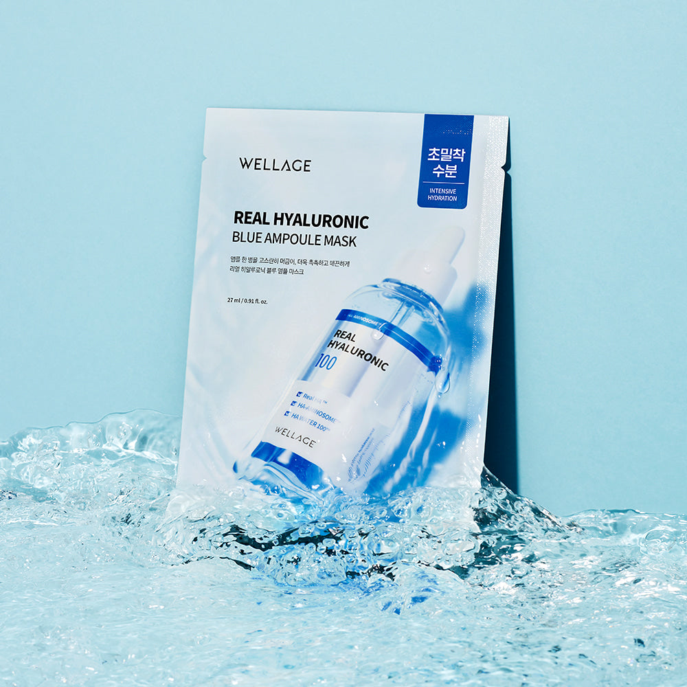 WELLAGE Real Hyaluronic Blue Ampoule Mask 5 Sheets on a blue background with water effect