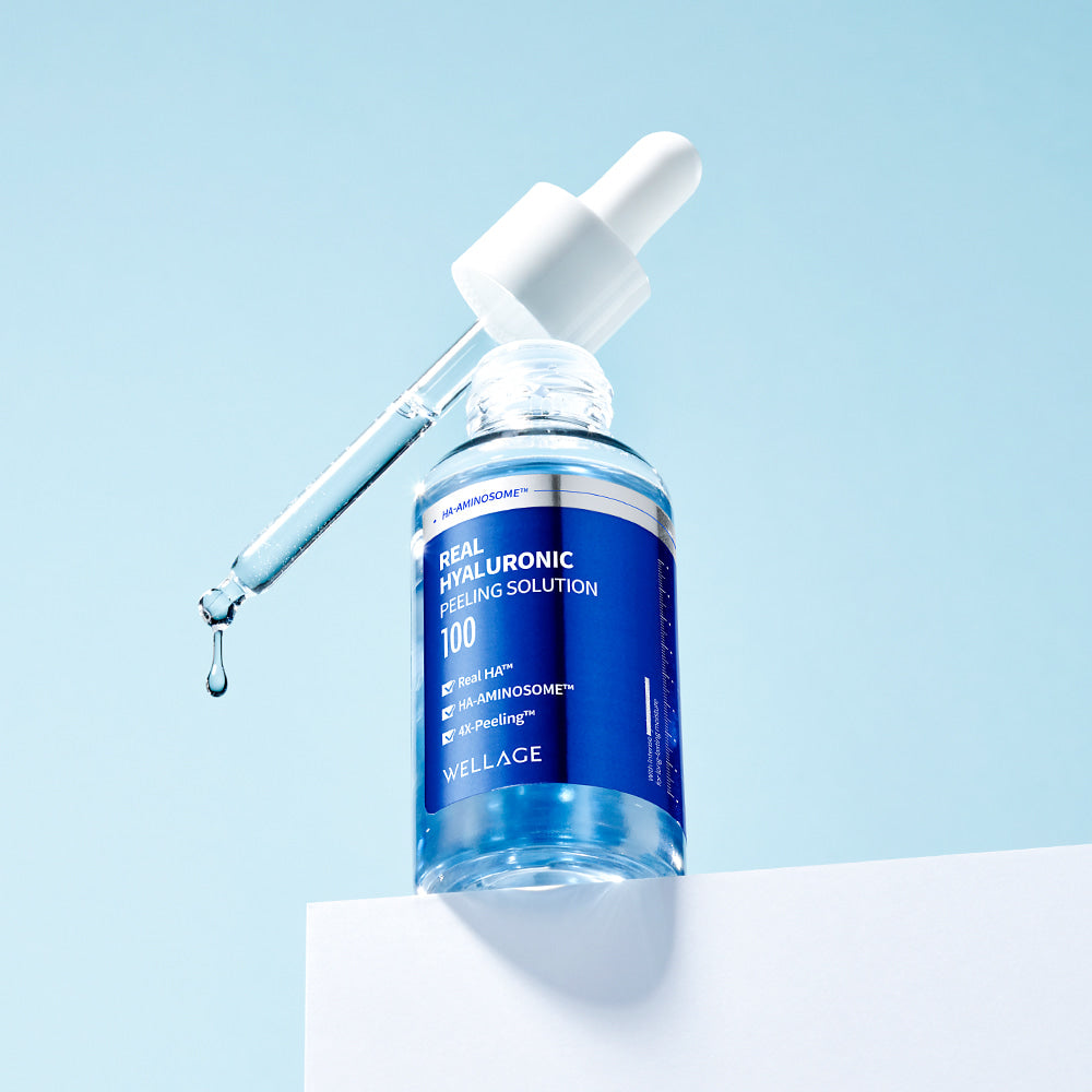 WELLAGE Real Hyaluronic Peeling Solution 30ml bottle with dropper against a blue background.