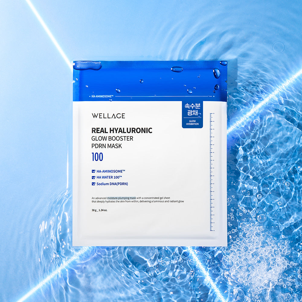 WELLAGE Real hyaluronic Glow Booster PDRN Mask 5 Sheets on blue water background, beauty skincare product packaging