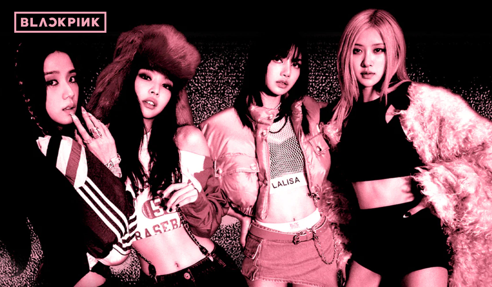 Group of four female pop stars posing in stylish outfits with matching accessories, highlighted under a pink and black color scheme.
