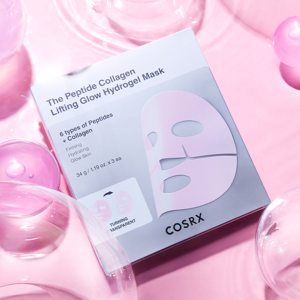 Image of COSRX The Peptide Collagen Lifting Glow Hydrogel Mask - 3 sheets packaging, emphasizing skincare benefits with peptides and collagen.