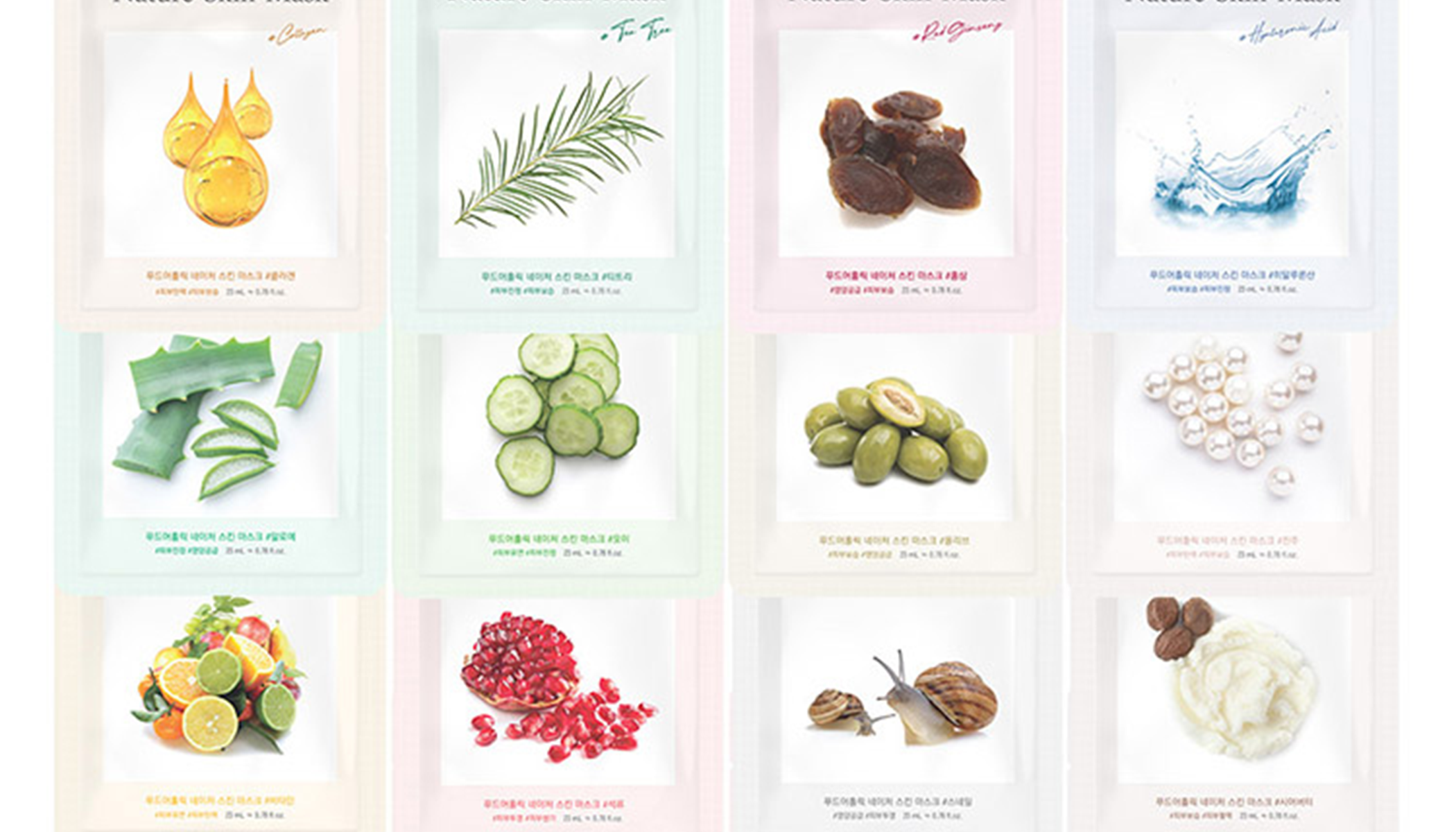 Assorted Korean facial masks featuring natural ingredients like aloe, cucumber, and pomegranate for skincare.