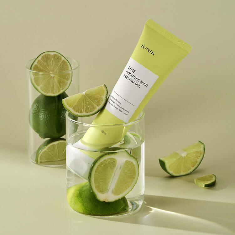 iUNIK Lime Moisture Mild Peeling Gel 90ml tube with sliced lime in a glass container, promoting skincare with natural ingredients
