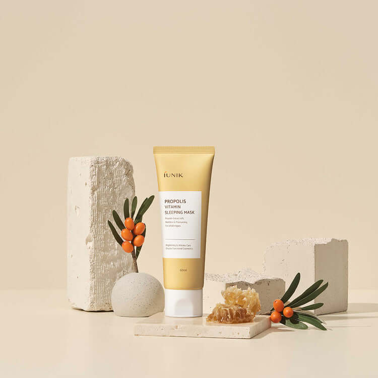 iUNIK Propolis Vitamin Sleeping Mask 60ml product image with minimalist background and natural elements.
