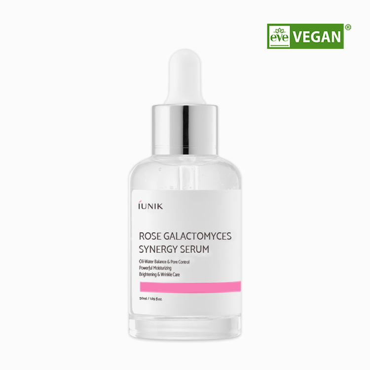 iUNIK Rose Galactomyces Synergy Serum 50ml bottle with vegan certification label
