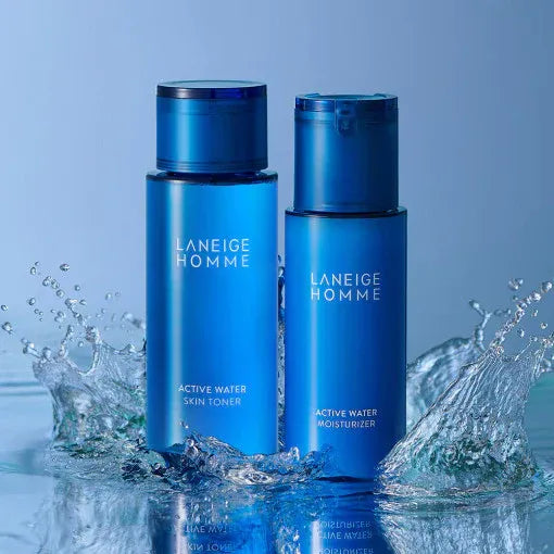 Laneige Homme Active Water Skin Toner and Moisturizer with splashing water effect, showcasing hydrating skincare products.