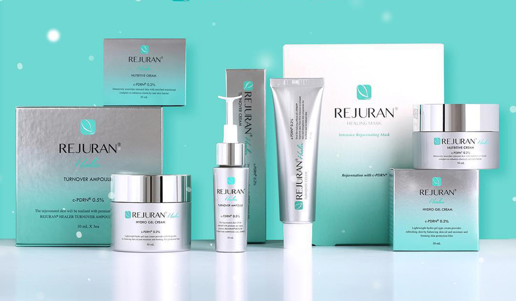 Rejuran skincare product line with ampoules, cream, and serum against a teal background for rejuvenating skin care routine.